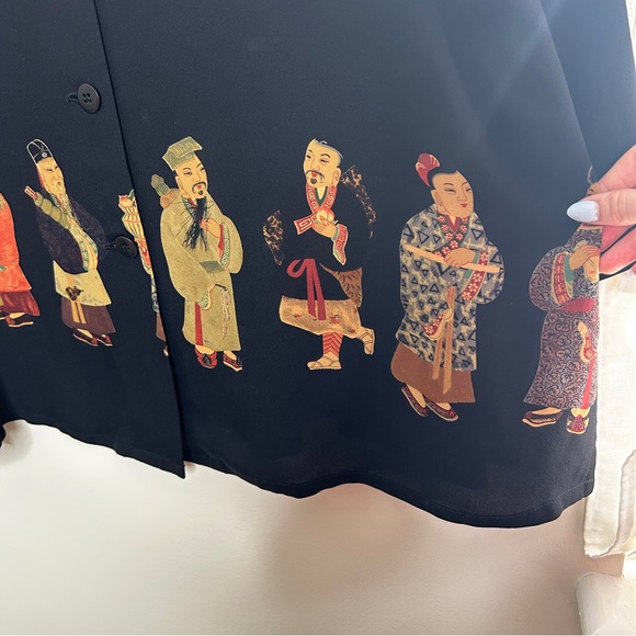 Harari Silk Set Button Front Shirt Skirt Asian Print Figures size 1X 2X - Picture 6 of 13